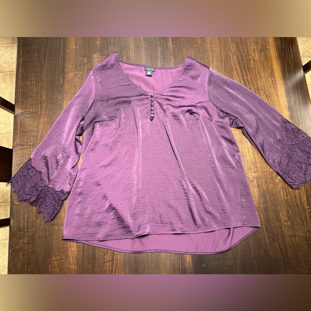Size 0 Purple Torrid Silky Shirt with 3/4 Length Lace Bell Sleeves